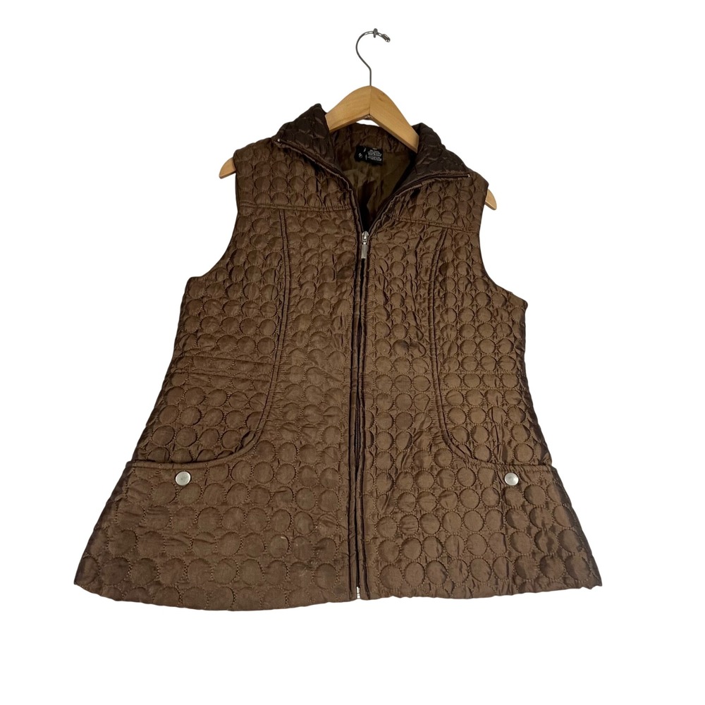 New Directions Brown Quilted Circle Stitch Zip Front Vest Size M RN 59451